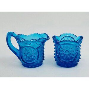 Antique 1907 Riverside Glass Childs Creamer Sugar, Blue Chimo pattern